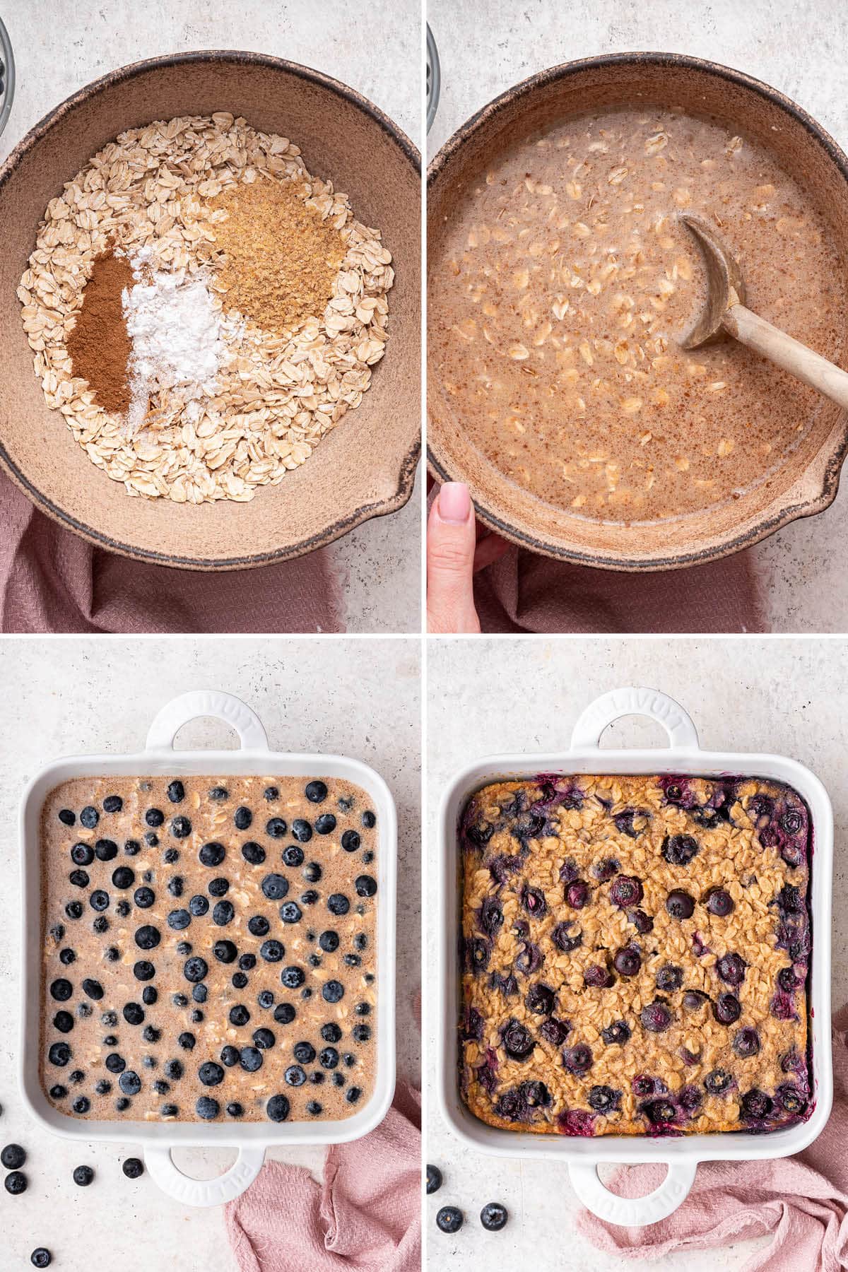 Collage of four photos showing the steps to make Blueberry Baked Oatmeal: mixing the batter, pouring into a casserole dish, topping with blueberries and baking.