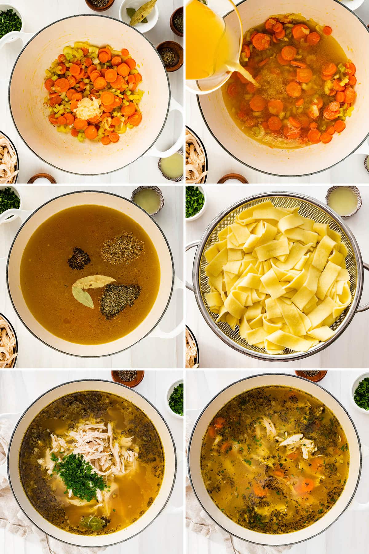 Collage of six photos showing how to make Chicken Noodle Soup: sauteing veggies, adding broth and herbs, cooking noodles and adding them and the chicken to the pot.