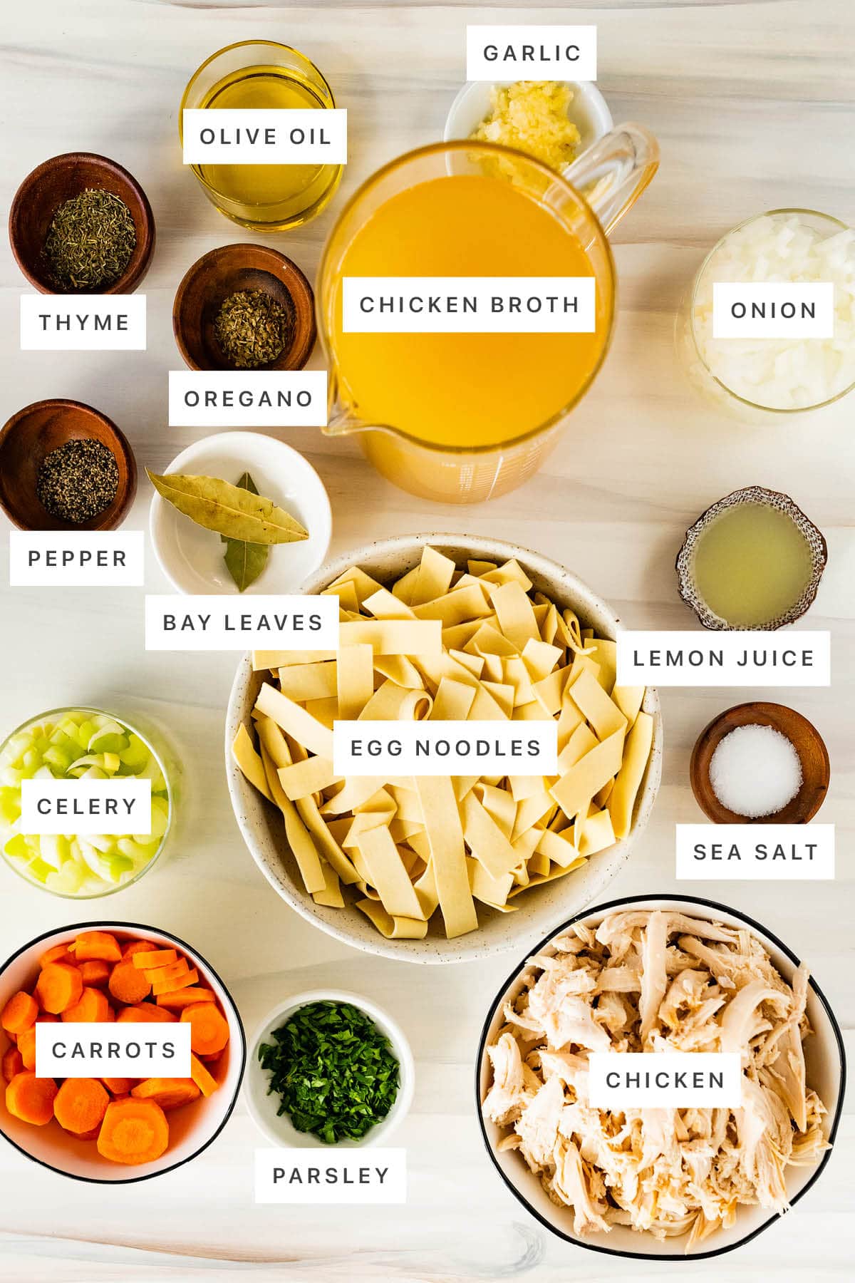 Ingredients measured out to make Chicken Noodle Soup: olive oil, garlic, thyme, oregano, chicken broth, onion, pepper, bay leaves, egg noodles, lemon juice, celery, sea salt, carrots, parsley and chicken.