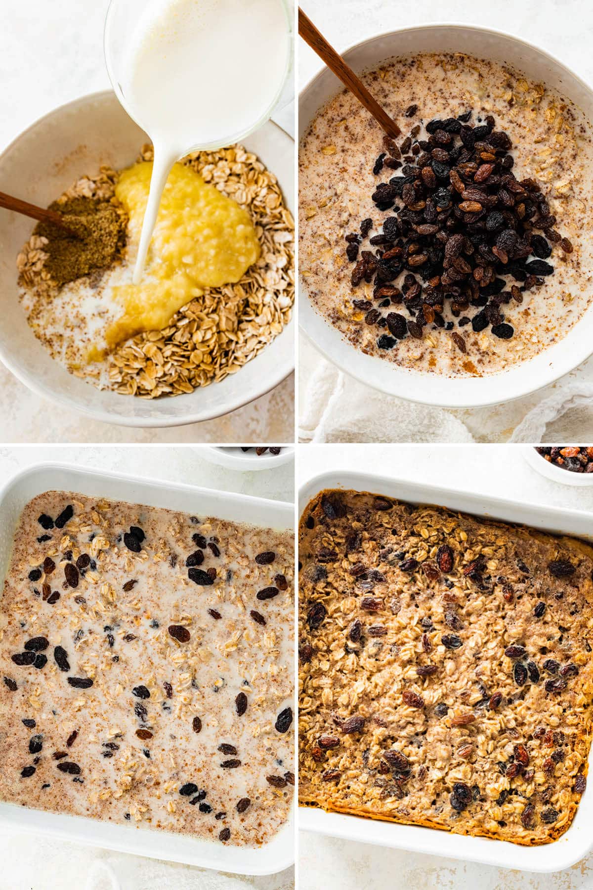 Collage of four photos showing how to make Cinnamon Raisin Baked Oatmeal: mixing the banana, oats, milk and flaxseed, adding the raisins, pouring the mixture into a baking dish and baking until golden brown.