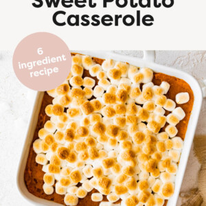 Classic Sweet Potato Casserole in a baking dish topped with marshmallows.