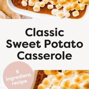 Baking dish with sweet potato casserole topped with marshmallows. Spoon scooping out a serving.