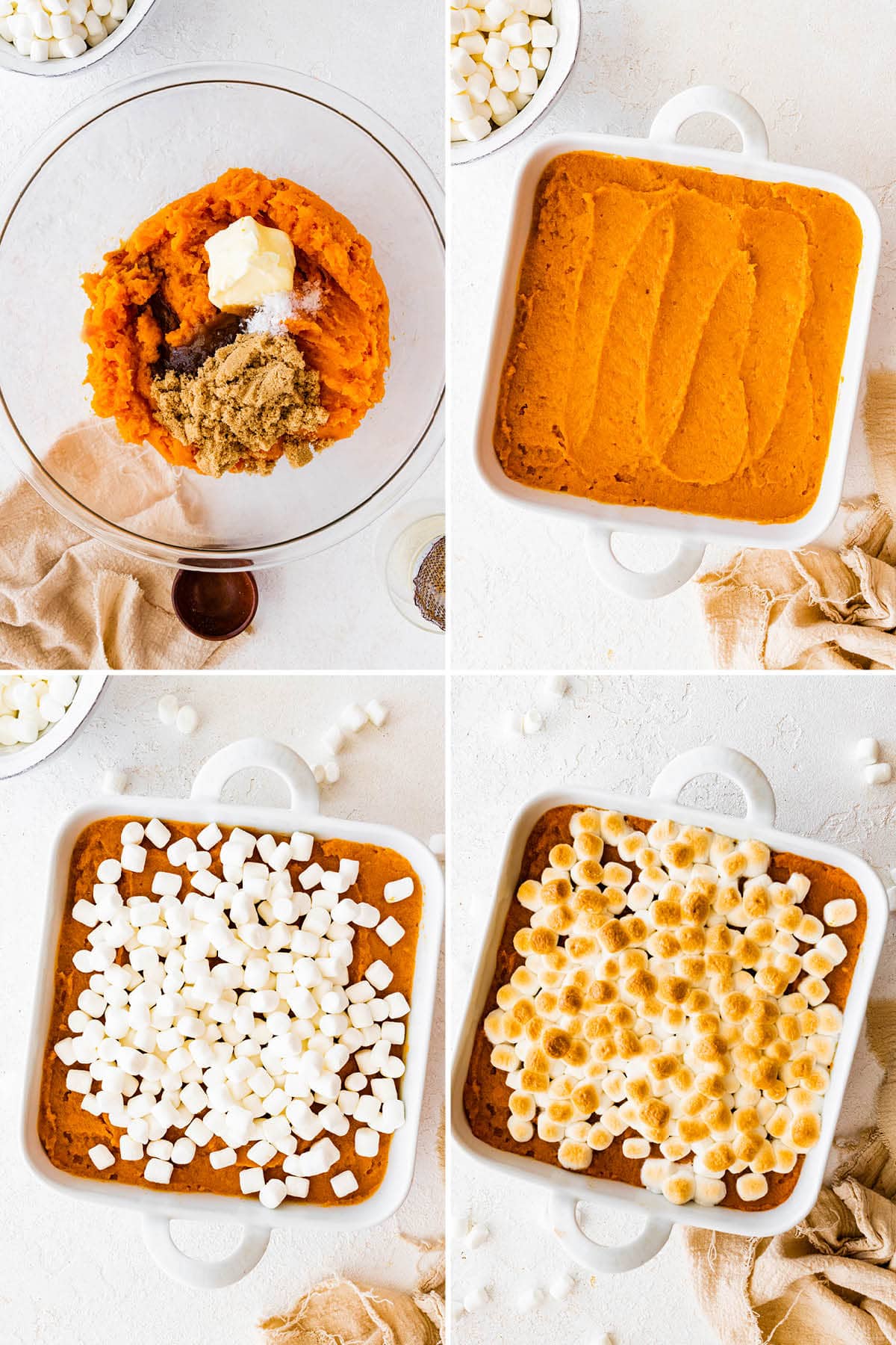 Four photos showing the steps to make Classic Sweet Potato Casserole: mixing together mashed sweet potato, butter, sugar, vanilla, adding to a dish, topping with marshmallows and baking.