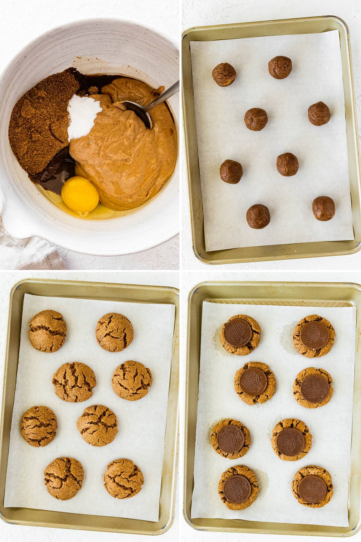 Collage of four photos showing how to make Hanukkah Gelt Peanut Butter Blossoms: making batter, scooping cookie dough balls onto a cookie sheet, baking the cookies and then pressing gelt chocolate into the center.
