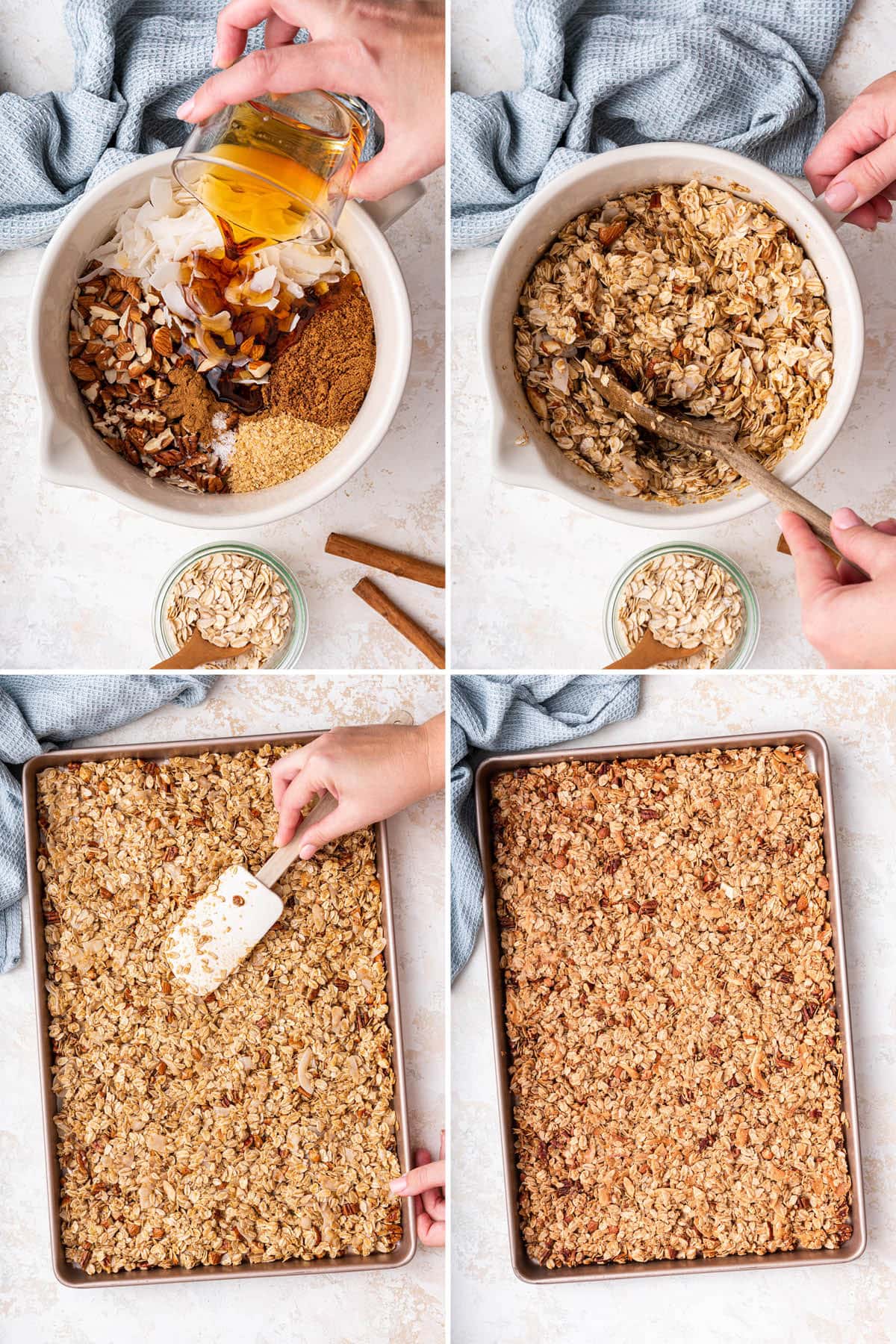 Four photos showing the steps to make Homemade Granola: mixing oats and nuts for the granola, pressing onto a pan and then baking.