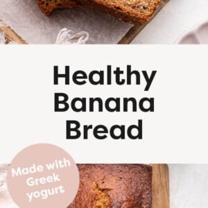 Slices of Healthy Banana Bread from a loaf on a wood cutting board lined with parchment paper.