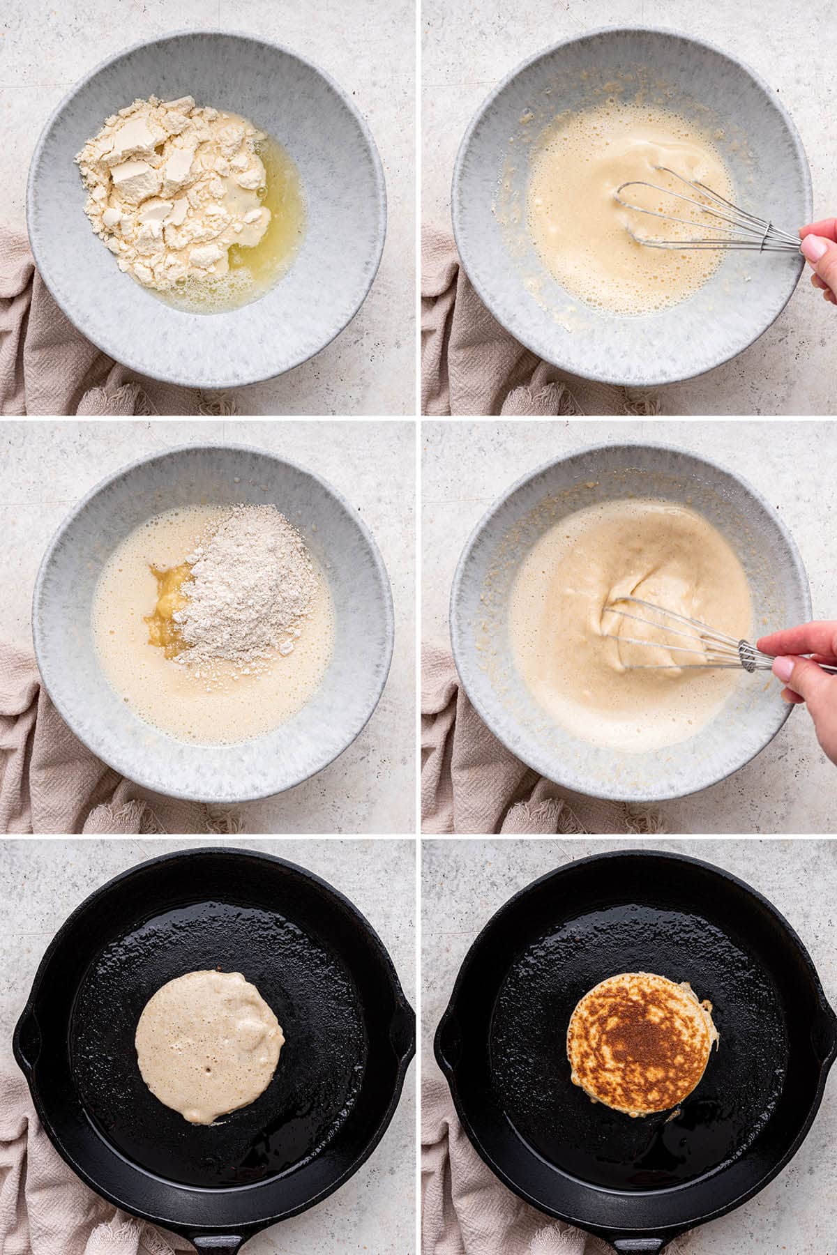 Six photos showing the steps to make Protein Pancakes: whisking the batter and then cooking pancake in a skillet.