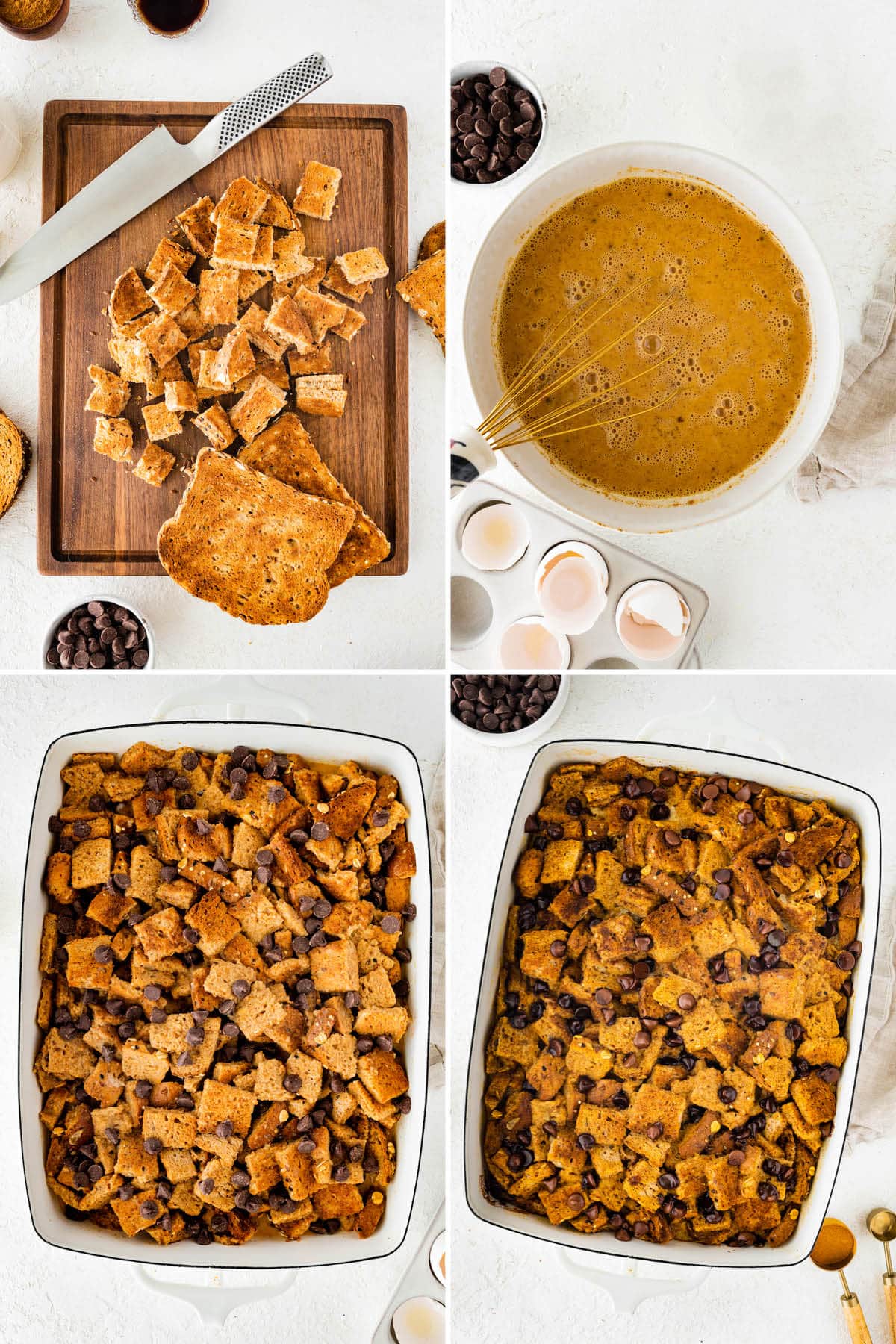 Collage of four photos showing the steps to make Pumpkin French Toast Casserole: cutting up slices of bread, whisking the pumpkin egg mixture, adding bread and egg mixture to a baking dish and then baking with chocolate chips on top.