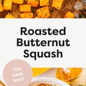 Roasted Butternut Squash on a sheet pan and also in a serving bowl with a spoon.