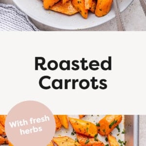 Roasted Carrots in a serving bowl and on a baking sheet.