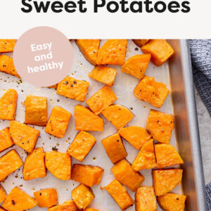 Sheet pan of Roasted Sweet Potato cubes.