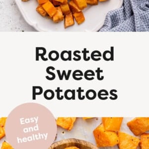Roasted Sweet Potatoes on a serving tray and on a roasting pan.