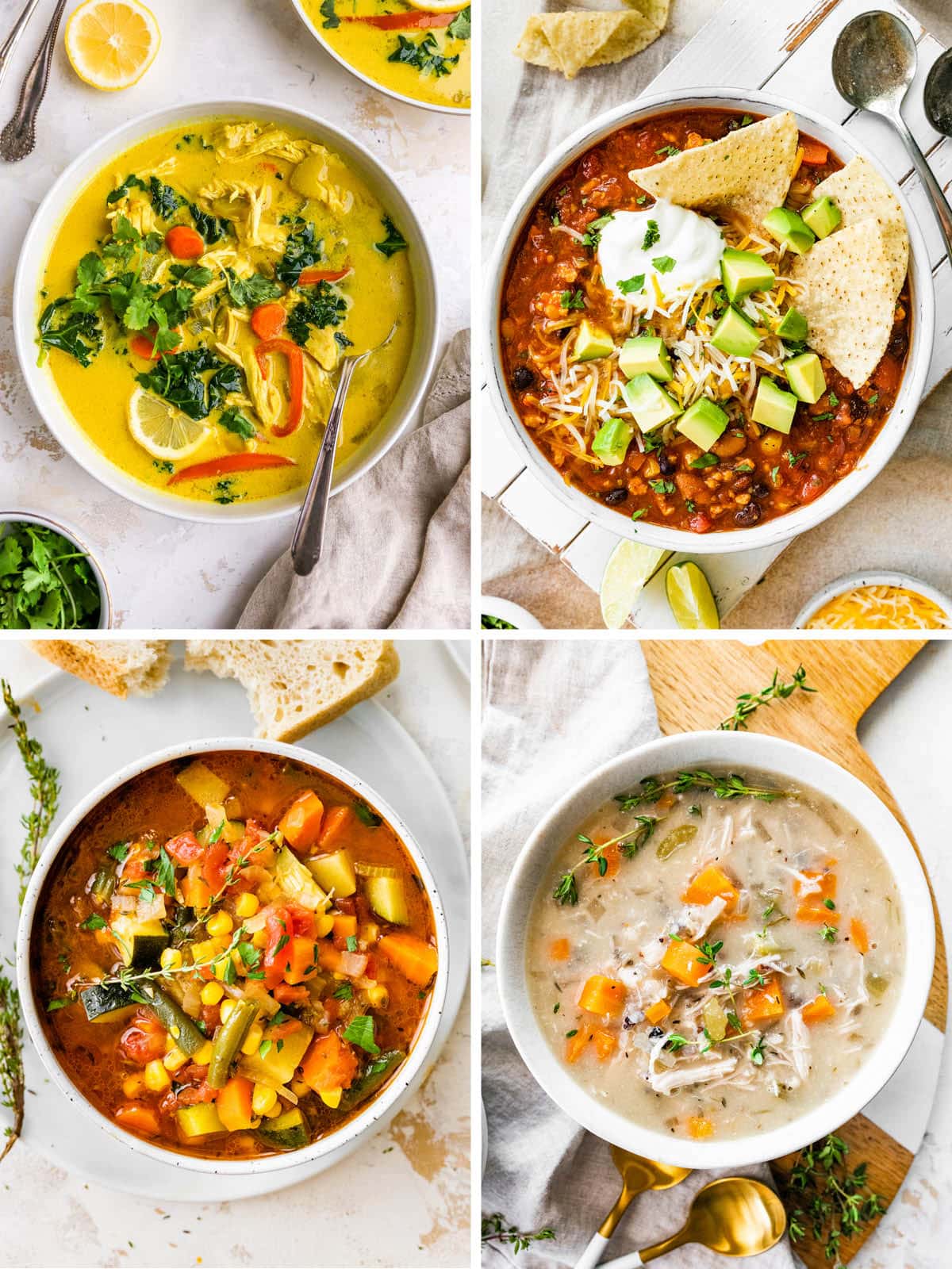 Collage of four soup photos: detox soup, taco soup, vegetable soup and chicken wild rice soup.