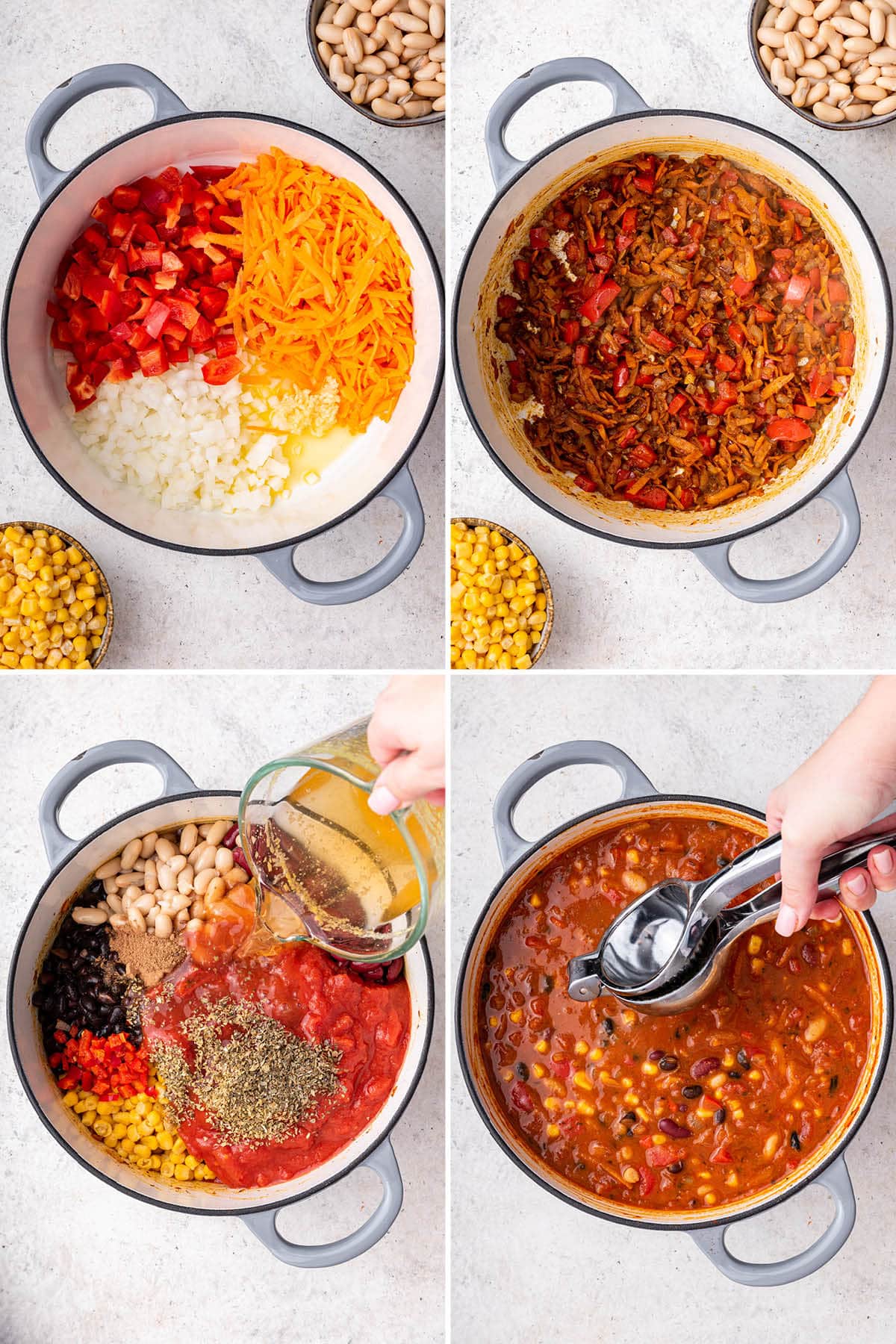 Collage of four photos showing how to make Easy Vegetarian Chili: sautéing veggies in a pan with spices, adding broth, tomatoes and beans, and then finishing the chili off with fresh lime juice.