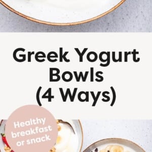 Close up photo of a Greek yogurt bowl with granola and berries. Photo below shows 4 different yogurt bowls.