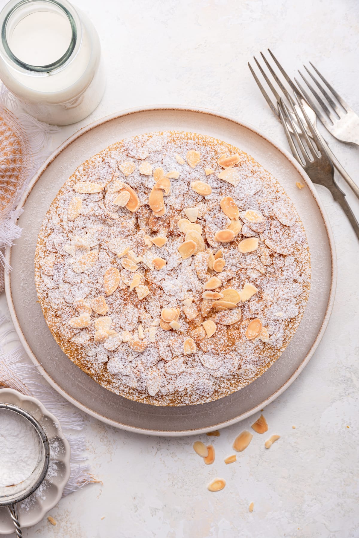 Almond cake on a large plate.