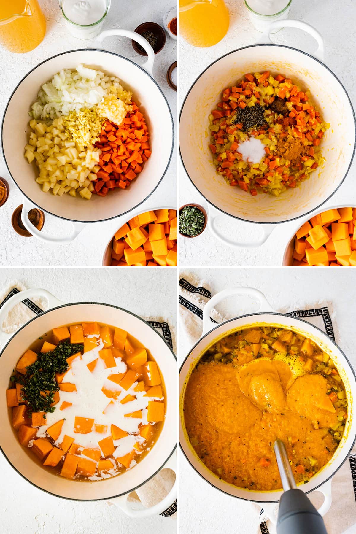 Collage of four photos showing the steps to make Butternut Squash Soup: sauteing veggies with spices, adding broth and coconut milk and then blending smooth.