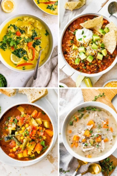 Collage of four soup photos: detox soup, taco soup, vegetable soup and chicken wild rice soup.