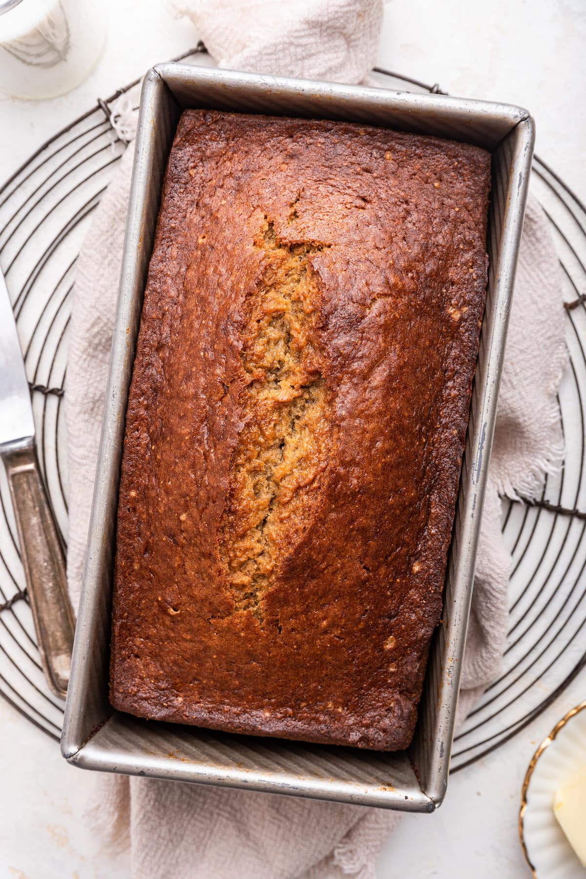 Banana bread in a loaf pan.