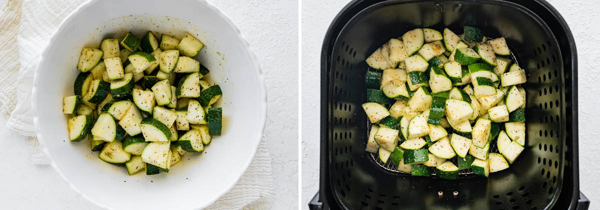 Photo of cubed zucchini tossed with oil and spices in a bowl. Photo of the zucchini in an air fryer basket.