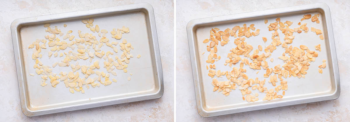 Side by side photos of a sheet pan with almond being toasted.