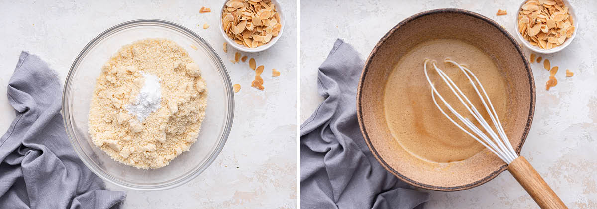 Two bowls showing the dry ingredients mixed and wet ingredients mixed to make Almond Cake.