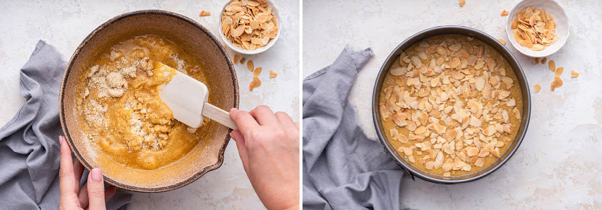 Person mixing wet and dry ingredients together in a bowl for Almond Cake. Second photo is the batter in a cake pan and topped with almonds.