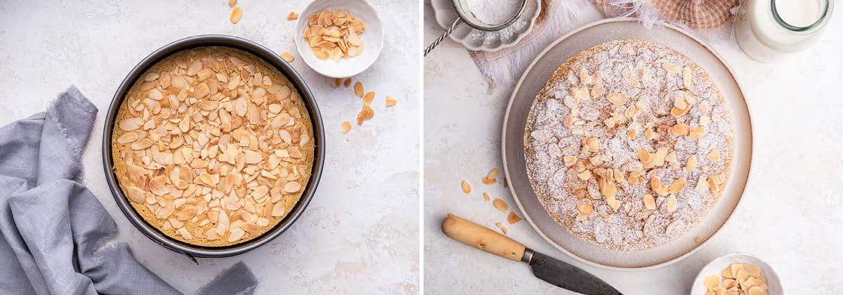 Photo of baked almond cake in a pan and then the cake on a plate topped with powdered sugar.