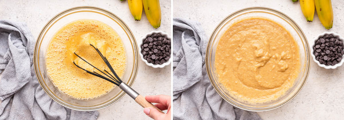 Two photos showing mixing the wet ingredients for Almond Flour Banana Bread, and then the almond flour being mixed into the batter.