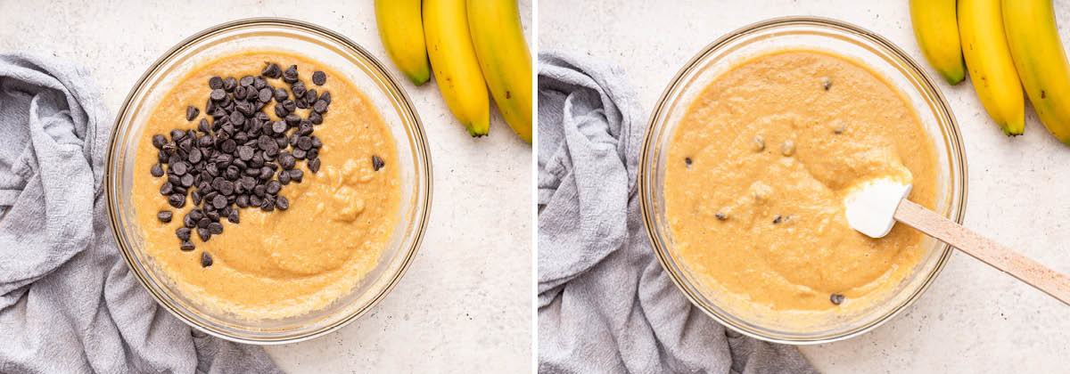 Two photos showing the chocolate chips being folded into the Almond Flour Banana Bread batter in a mixing bowl.