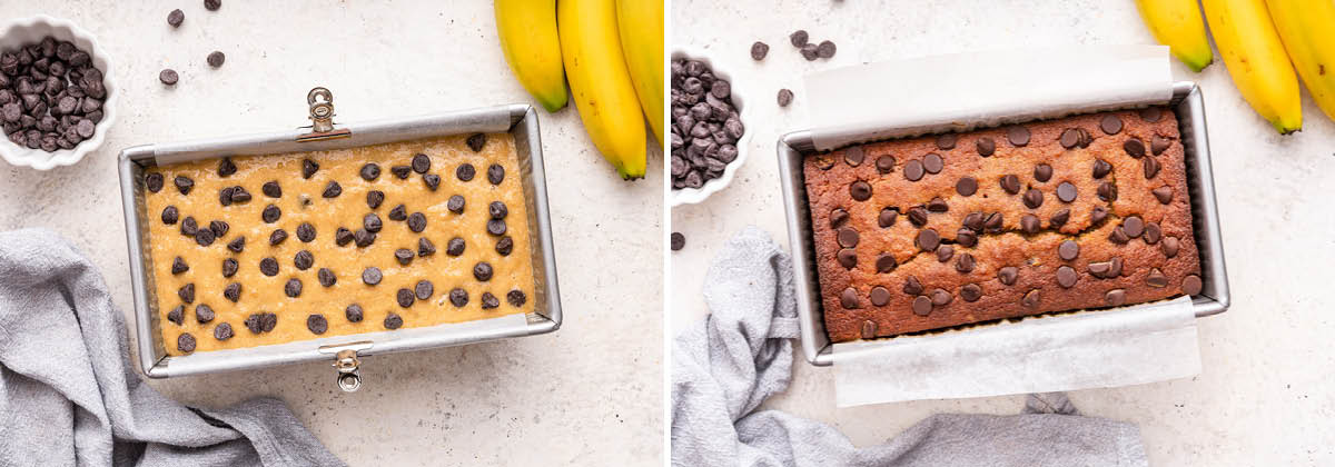 Almond Flour Banana Bread in a loaf pan, two photos of it before and after being baked.