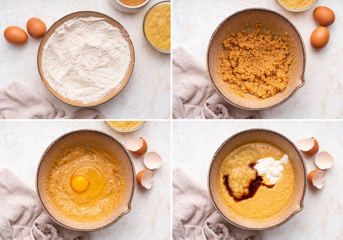 Collage of four photos showing mixing the dry and wet ingredients for banana bread in two different bowls.