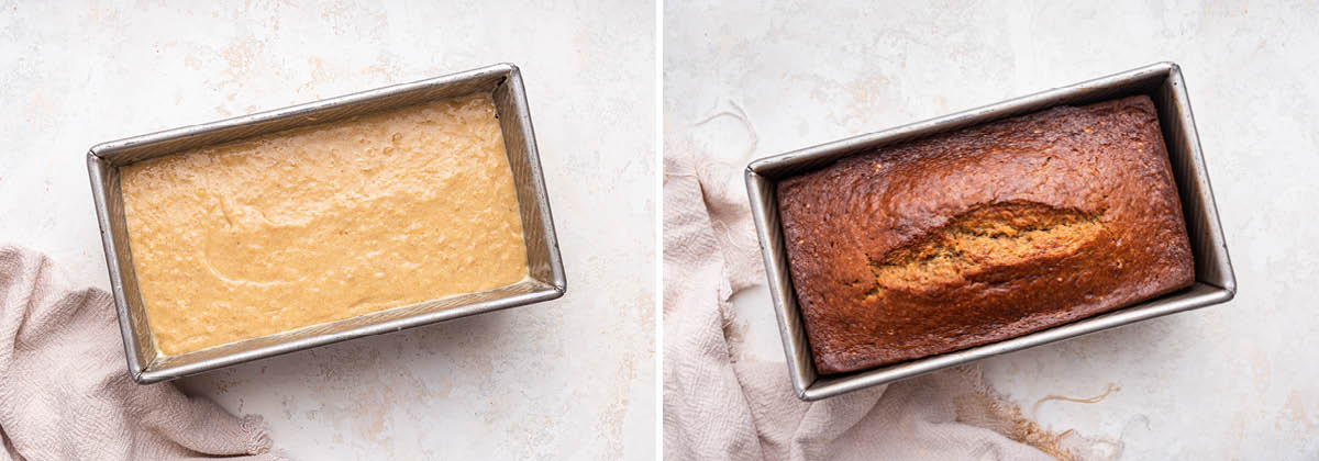 Side by side photos of banana bread before and after being baked in a loaf pan.