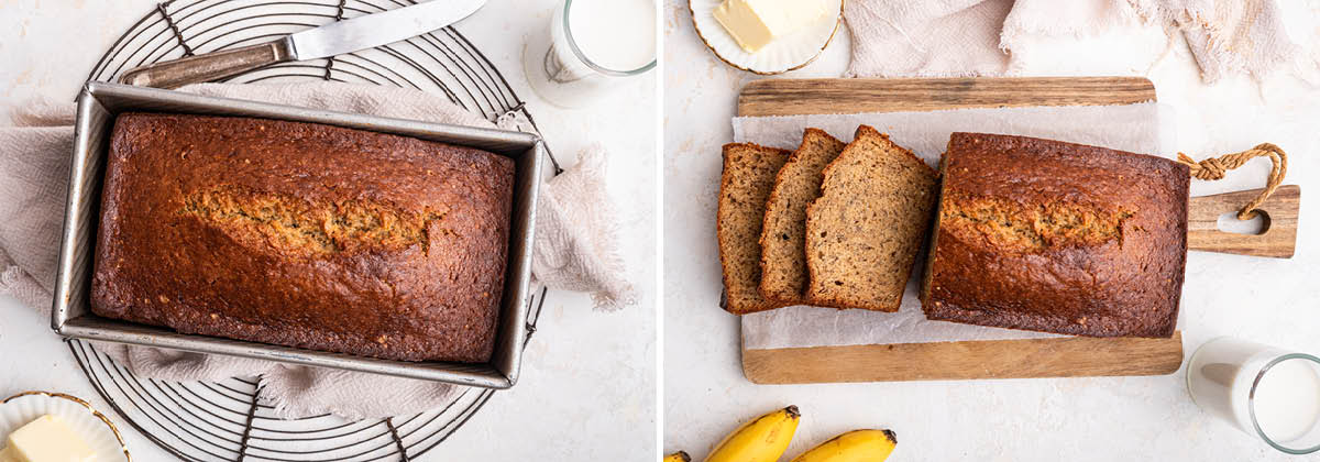 Photo of banana bread cooling on a wire rack and photo of the bread being sliced.