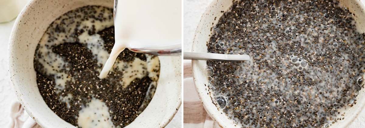 Photo of milk being poured into a bowl of chia seeds. Another photo of the stirred milk and chia seeds.