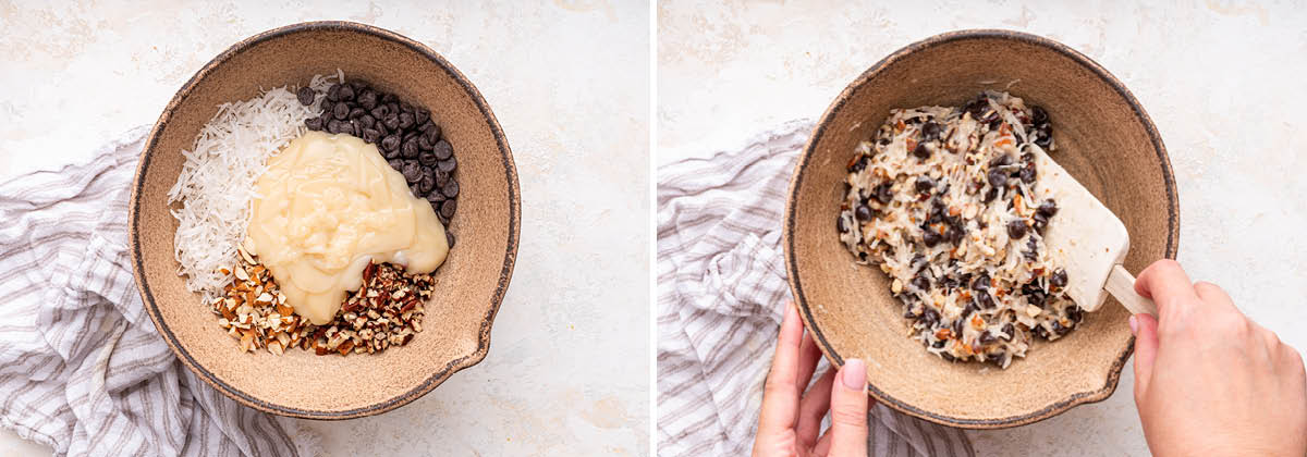 Two photos of a mixing bowl with coconut, nuts, chocolate chips and condensed milk before and after being mixed.
