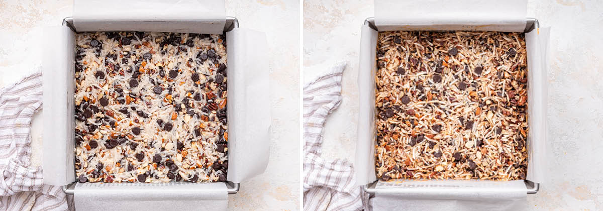 Two photos of 5-Ingredient Chocolate Coconut Bars in a baking pan, before and after being baked.