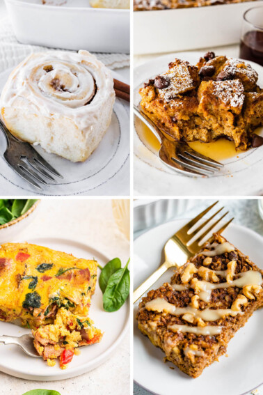Collage of four photos of different breakfast items plated: cinnamon roll, slice of pumpkin french toast casserole, egg casserole and gingerbread baked oatmeal.