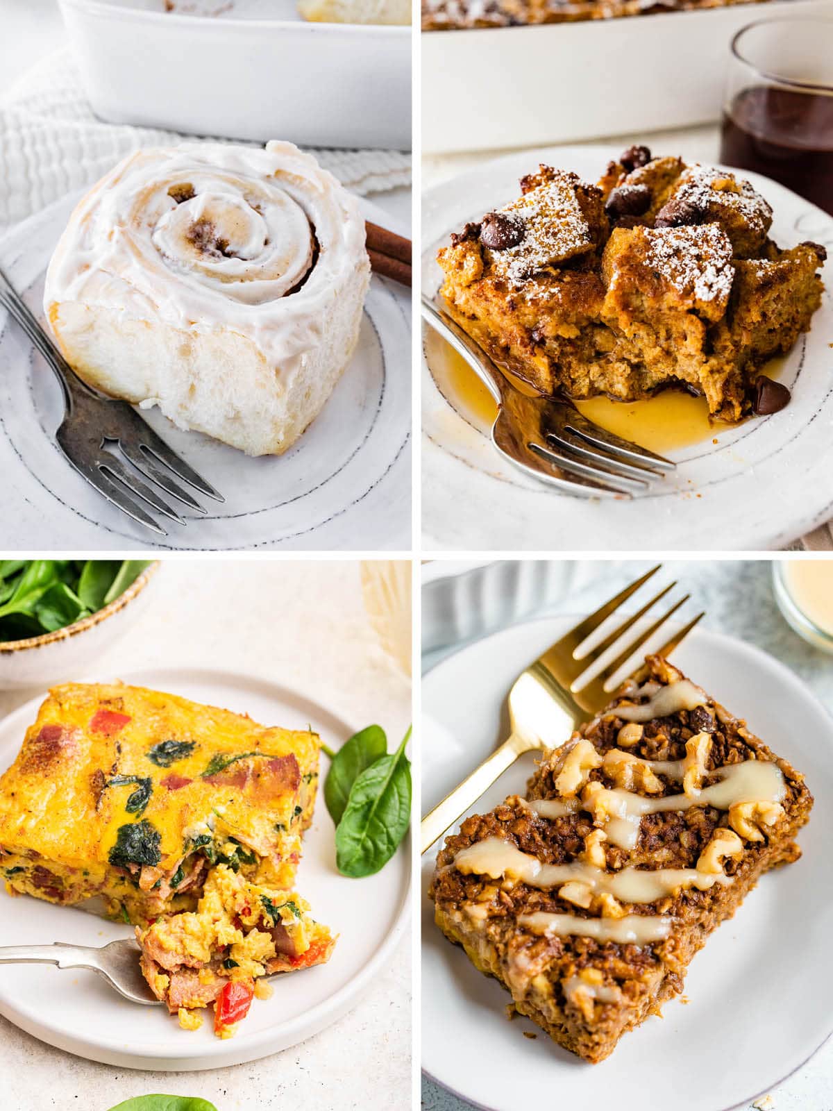 Collage of four photos of different breakfast items plated: cinnamon roll, slice of pumpkin french toast casserole, egg casserole and gingerbread baked oatmeal.