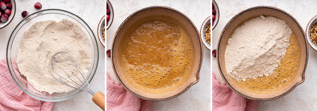 Three photos showing a bowl for the dry ingredients, a bowl for the wet ingredients, and then a bowl of the two being mixed together to make Cranberry Banana Bread.