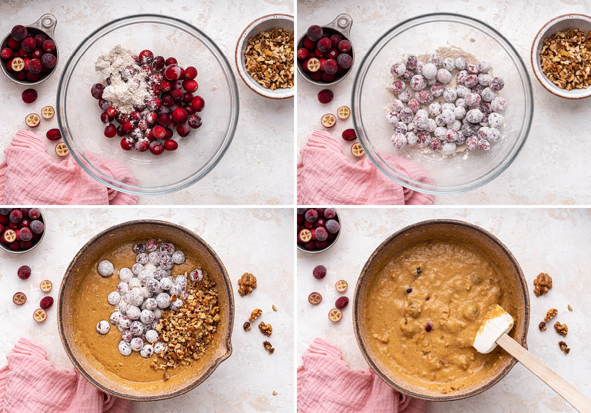 Four photos. Two showing fresh cranberries being tossed in oat flour, and then the cranberries and walnuts being mixed into the batter for Cranberry Banana Bread.