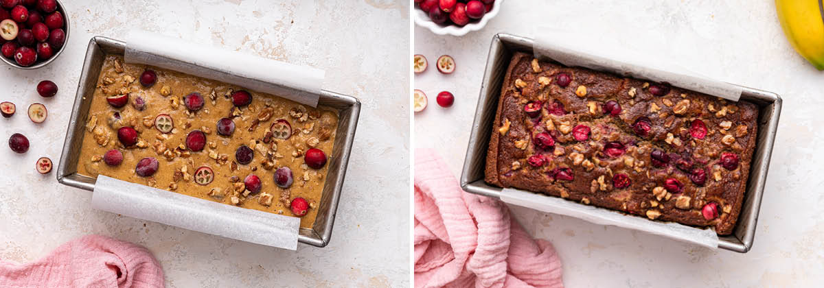 Side by side photos of Cranberry Banana Bread in a loaf pan, before and after being baked.