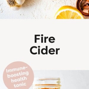 A shot glass of Fire Cider and a mason jar below with the spices and herbs to make cider.