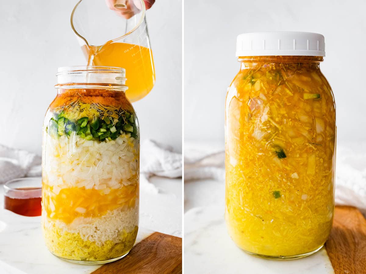 Vinegar being poured into a jar of ingredients to make fire cider. Photo beside it is of the ingredients in a jar mixed together.