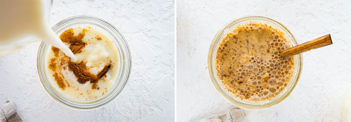 Two photos of a mason with the ingredients to make Gingerbread Overnight Oats, before and after being stirred together.
