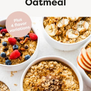 Several bowls of oatmeal with different toppings.