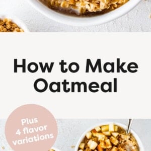 Five bowls of oatmeal with different toppings.
