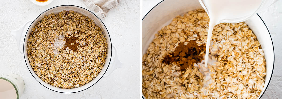 Oats, salt and cinnamon in a pot. Photo of milk being poured into the pot with the oats.