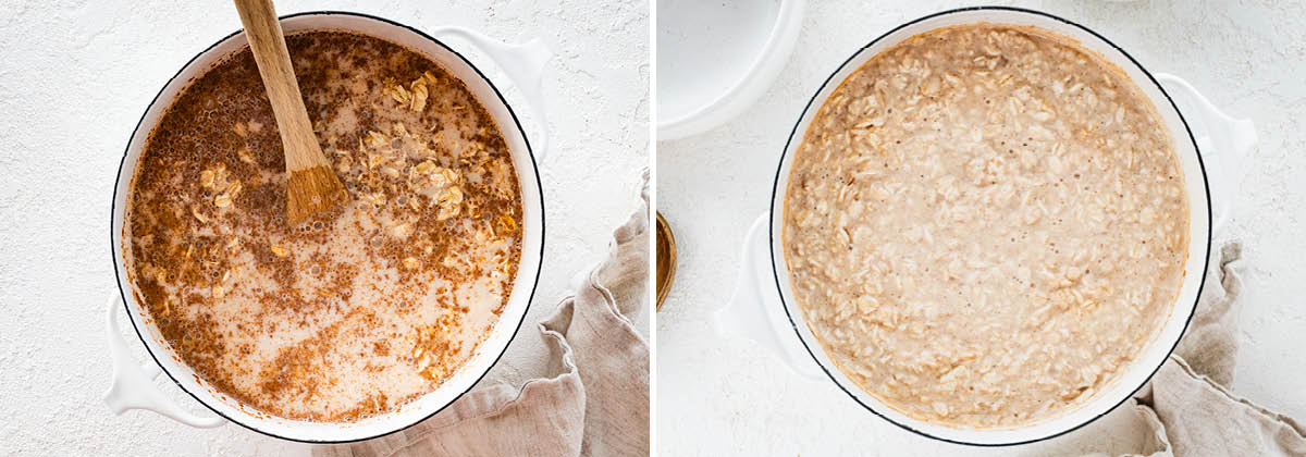 Milk, oats and cinnamon in a pot. Photo next to it is the cooked oatmeal in a pot.