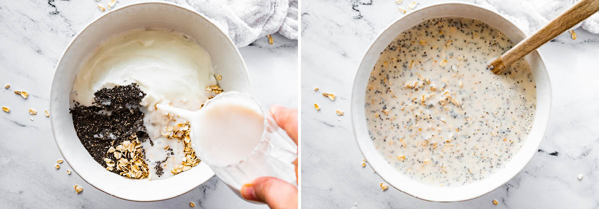Milk being poured into a bowl with oats and chia seeds. Photo of the ingredient mixed together in the bowl.